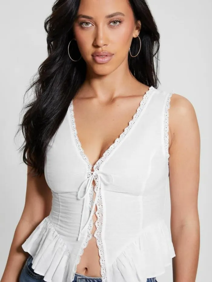 Women Linen Blend Top White Guess Tops And Shirts