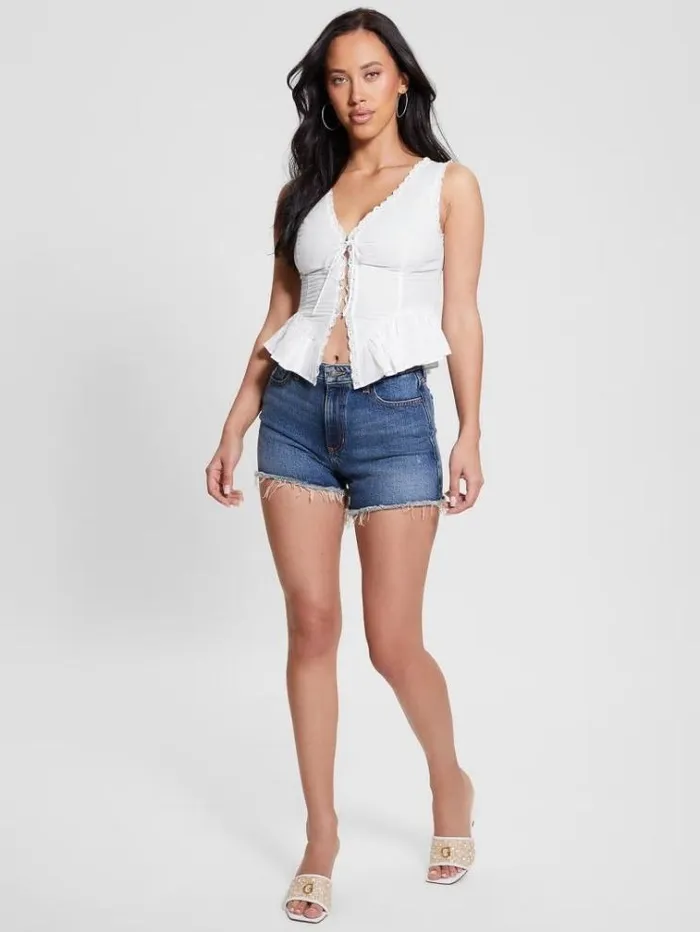 Women Linen Blend Top White Guess Tops And Shirts