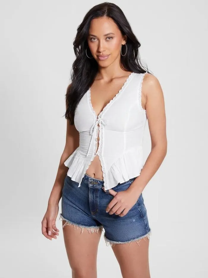 Women Linen Blend Top White Guess Tops And Shirts