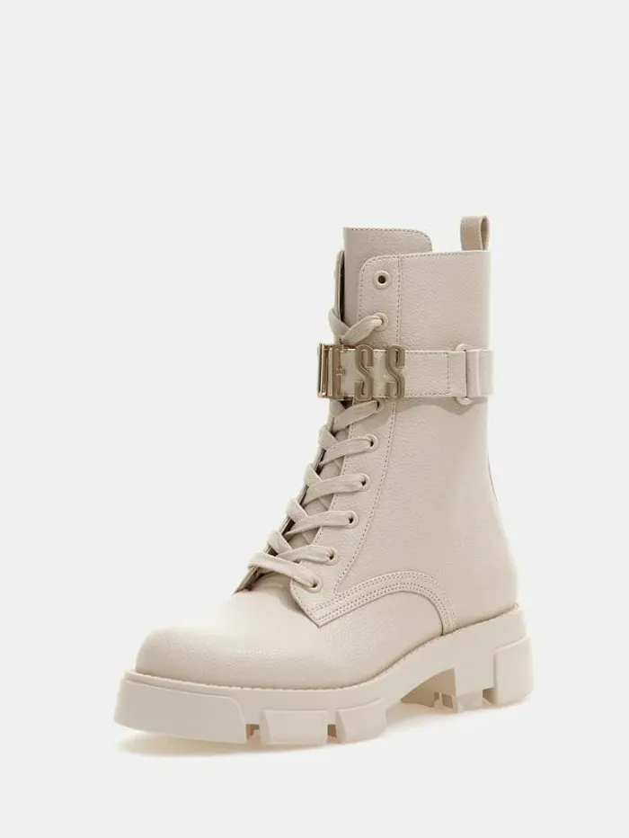 Women Madox Lettering Logo Combat Boots Beige Guess Boots And Booties
