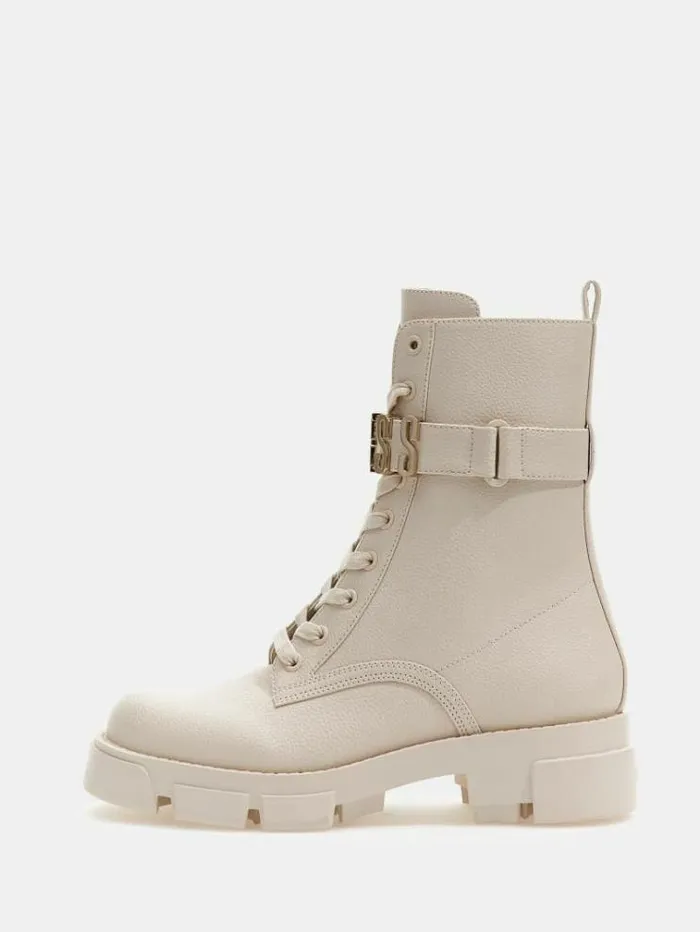 Women Madox Lettering Logo Combat Boots Beige Guess Boots And Booties