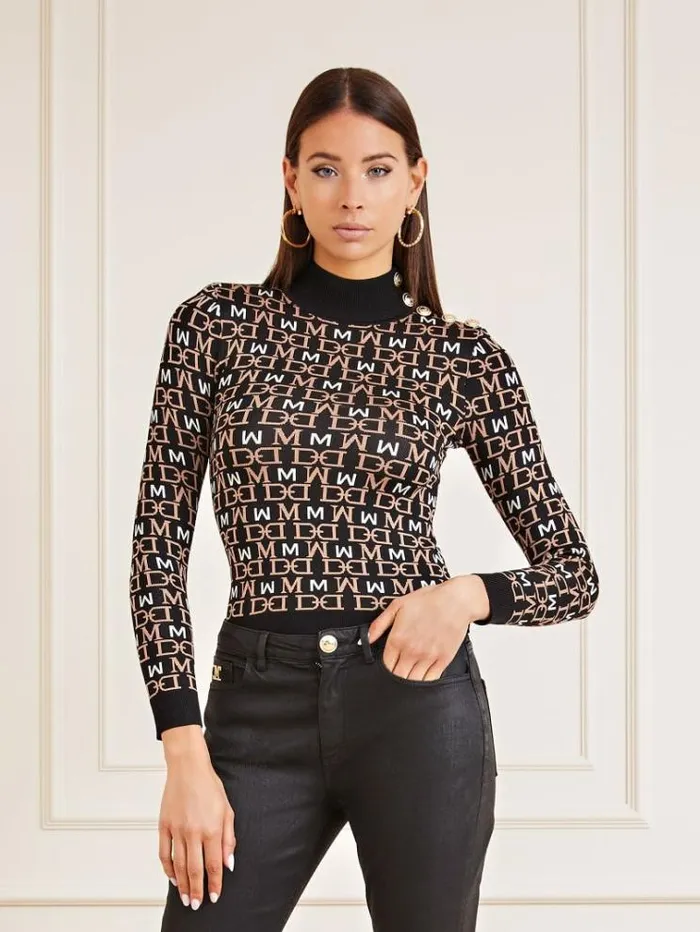 Women Marciano All Over Print Logo Sweater Brown Multi Guess Knitwear And Sweatshirts