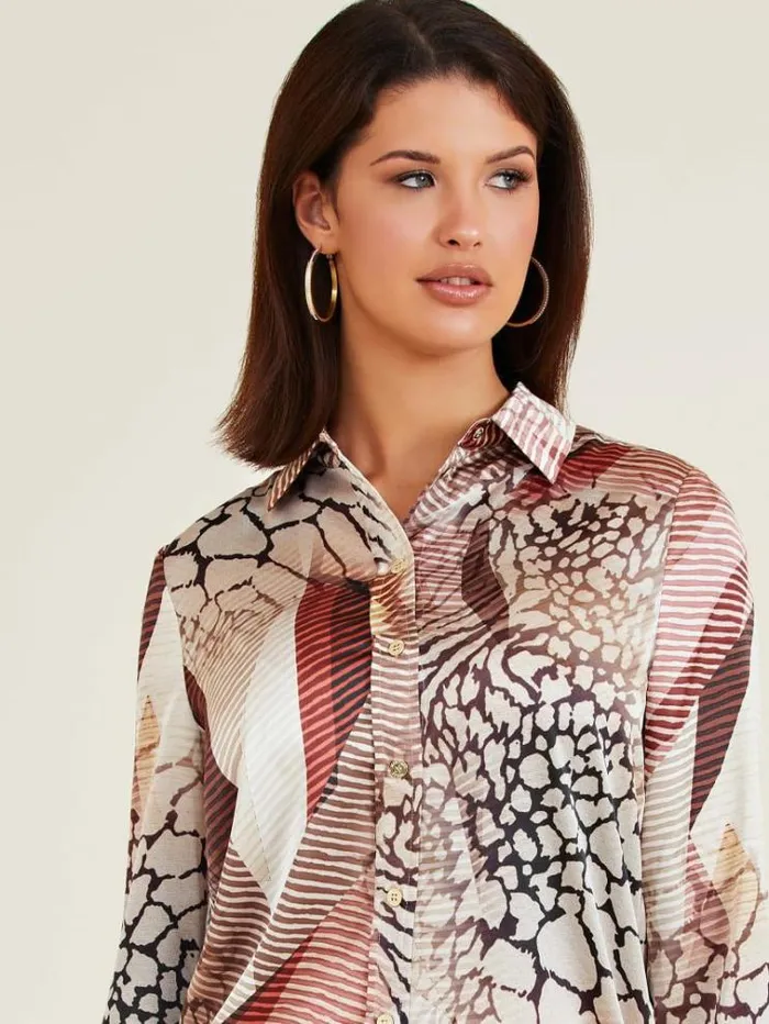 Women Marciano All Over Print Shirt Multi Beige Guess Tops And Shirts