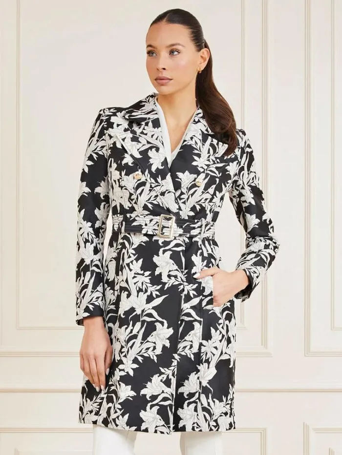 Women Marciano All Over Print Trench Black Multi Guess Coats And Jackets