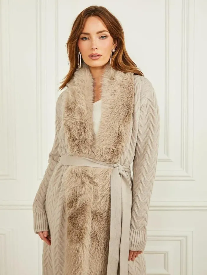 Women Marciano Faux Fur Cardigan Beige Guess Knitwear And Sweatshirts