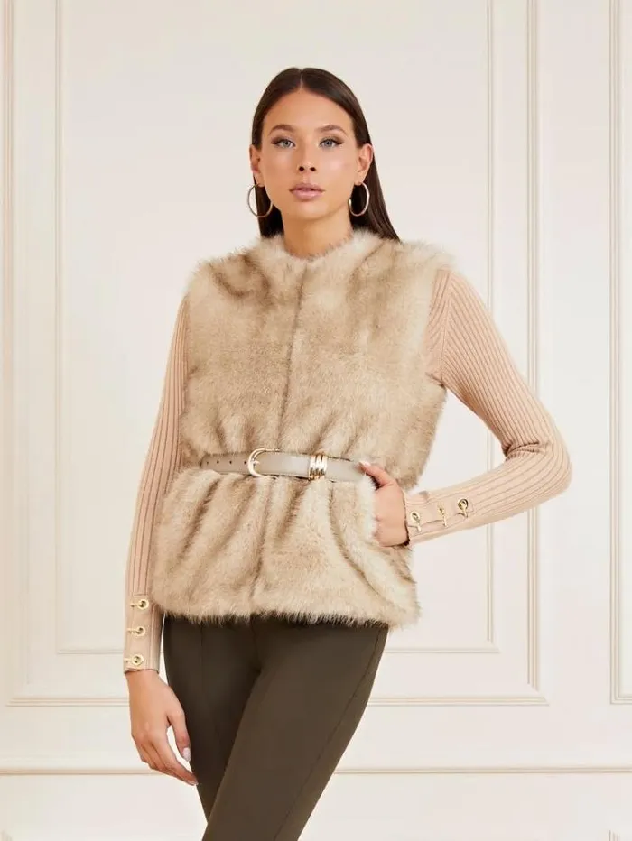 Women Marciano Faux Fur Vest Beige Guess Coats And Jackets