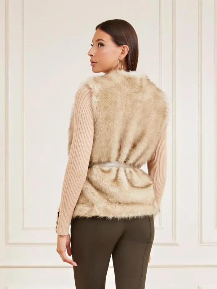 Women Marciano Faux Fur Vest Beige Guess Coats And Jackets