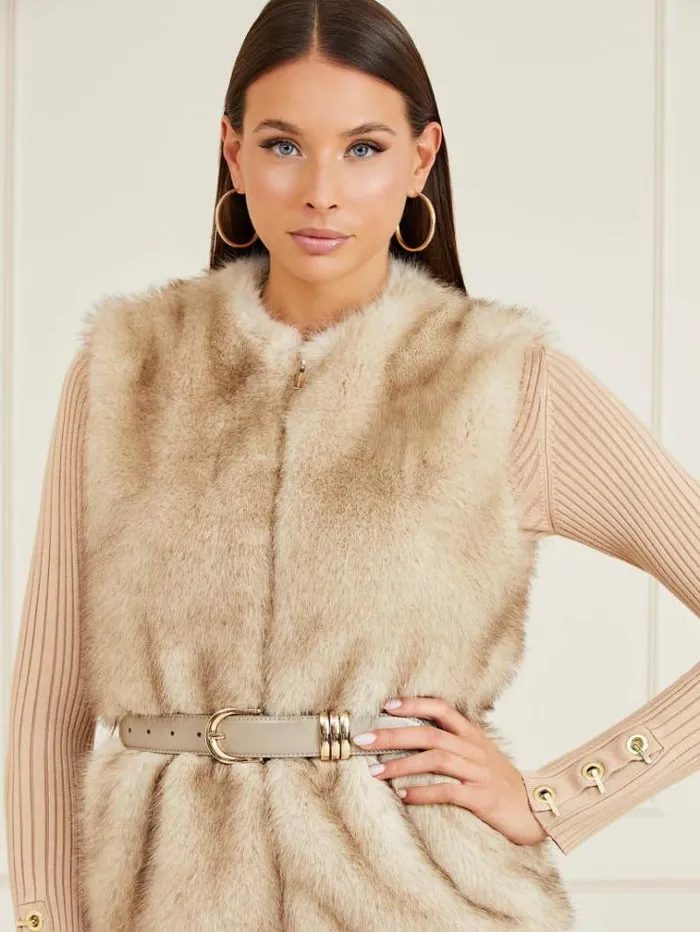 Women Marciano Faux Fur Vest Beige Guess Coats And Jackets