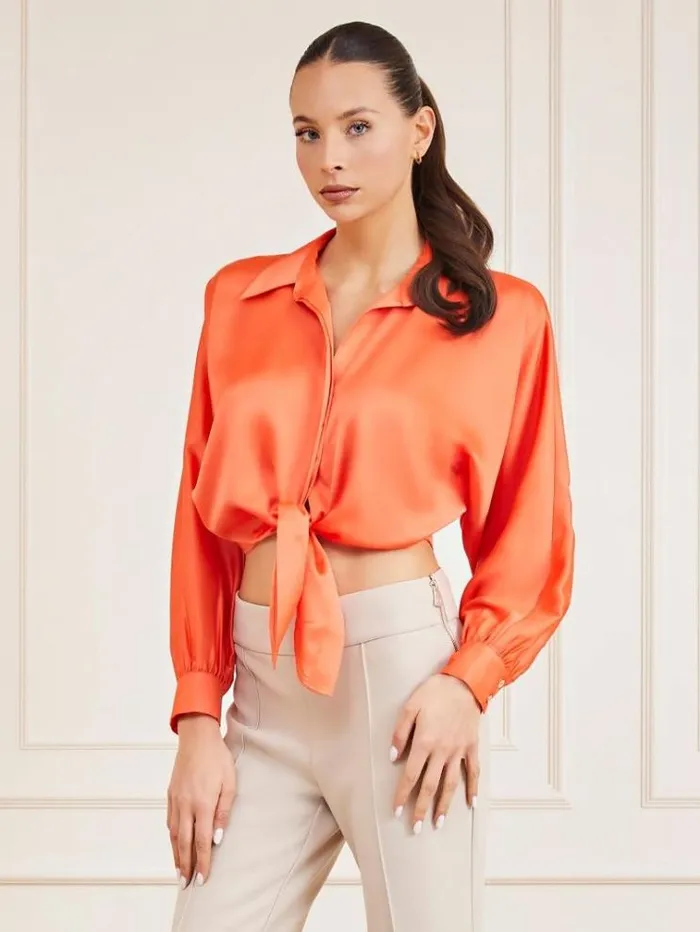 Women Marciano Front Knot Shirt Orange Guess Tops And Shirts