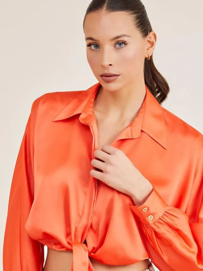 Women Marciano Front Knot Shirt Orange Guess Tops And Shirts