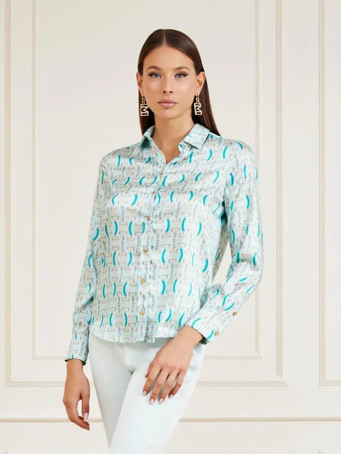 Women Marciano Logo Chain Print Shirt Shades Of Blue Guess Tops And Shirts