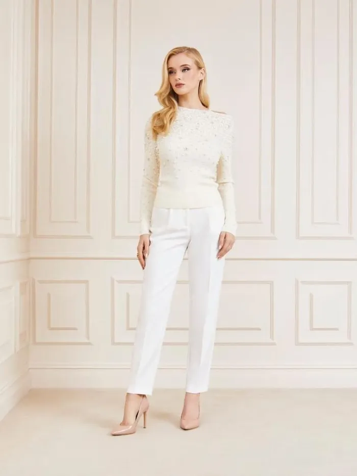 Women Marciano Pearls High Neck Sweater White Guess Knitwear And Sweatshirts