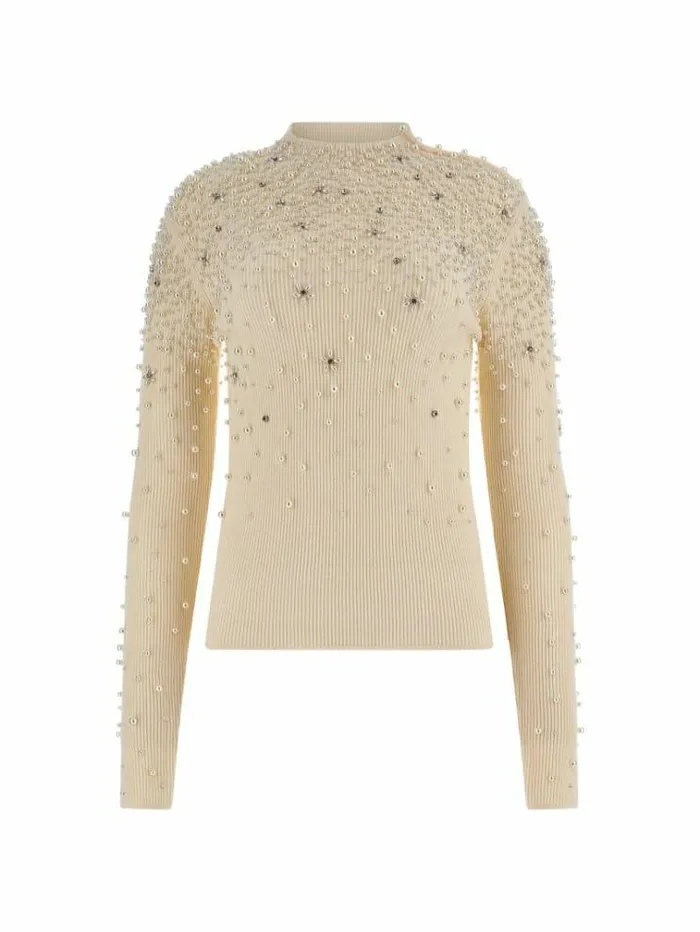 Women Marciano Pearls High Neck Sweater White Guess Knitwear And Sweatshirts
