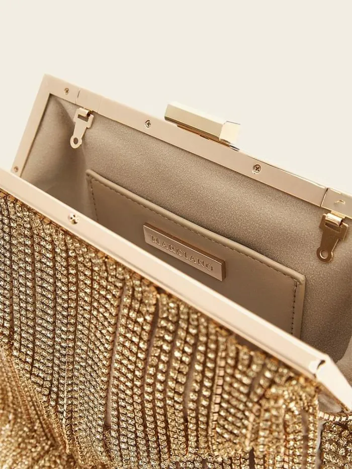 Women Marciano Real Leather Crystals Clutch Gold Guess Crossbody Bags