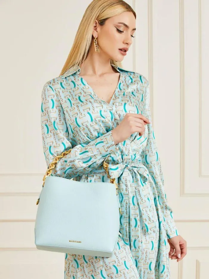 Women Marciano Real Leather Hobo Handbag Light Blue Guess Handbags