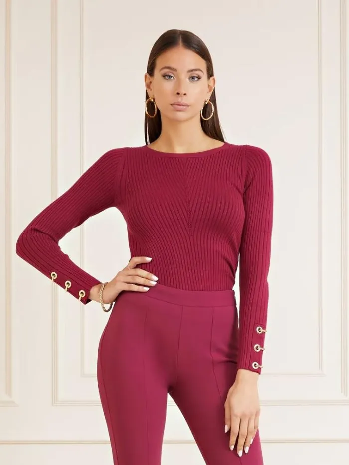 Women Marciano Rib Knit Sweater Burgundy Guess Knitwear And Sweatshirts