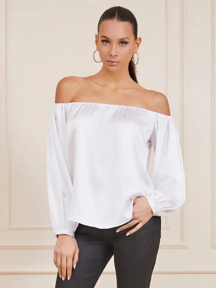 Women Marciano Satin Offshoulder Top White Guess Tops And Shirts