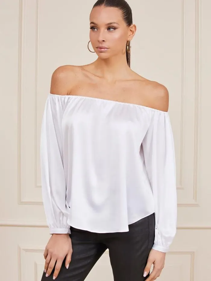 Women Marciano Satin Offshoulder Top White Guess Tops And Shirts