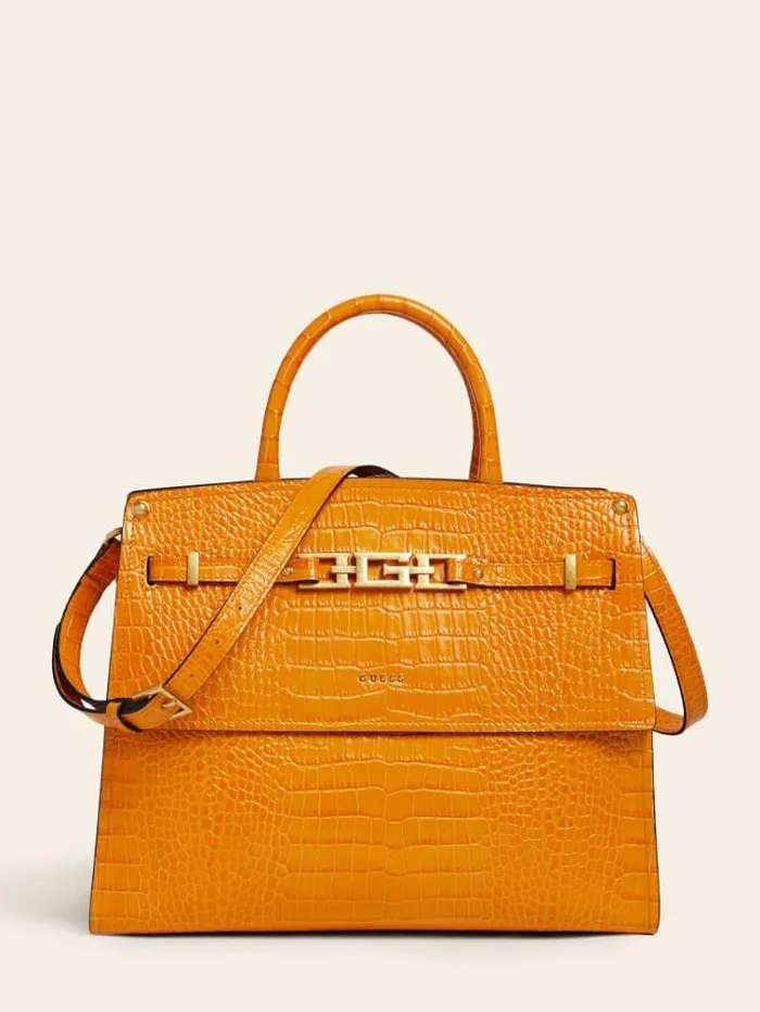 Women Megan Luxe Real Leather Handbag Orange Guess Handbags