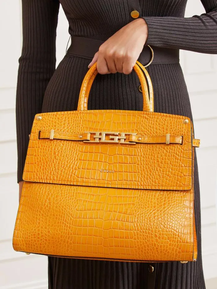 Women Megan Luxe Real Leather Handbag Orange Guess Handbags