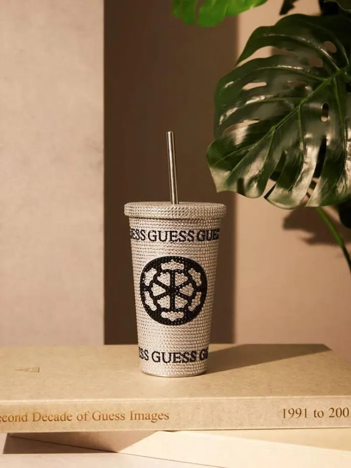 WomenMen Peony Logo Travel Tumbler Cup Silver Guess Home Collection