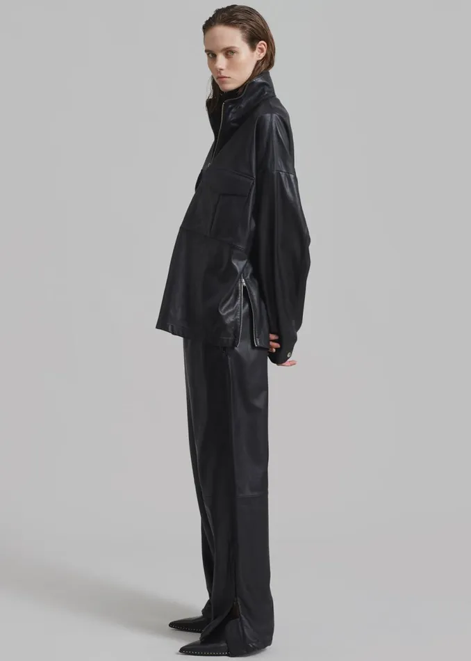 WomenMen The Frankie Shop Tops Kevin Leather Half Zip Shirt Black