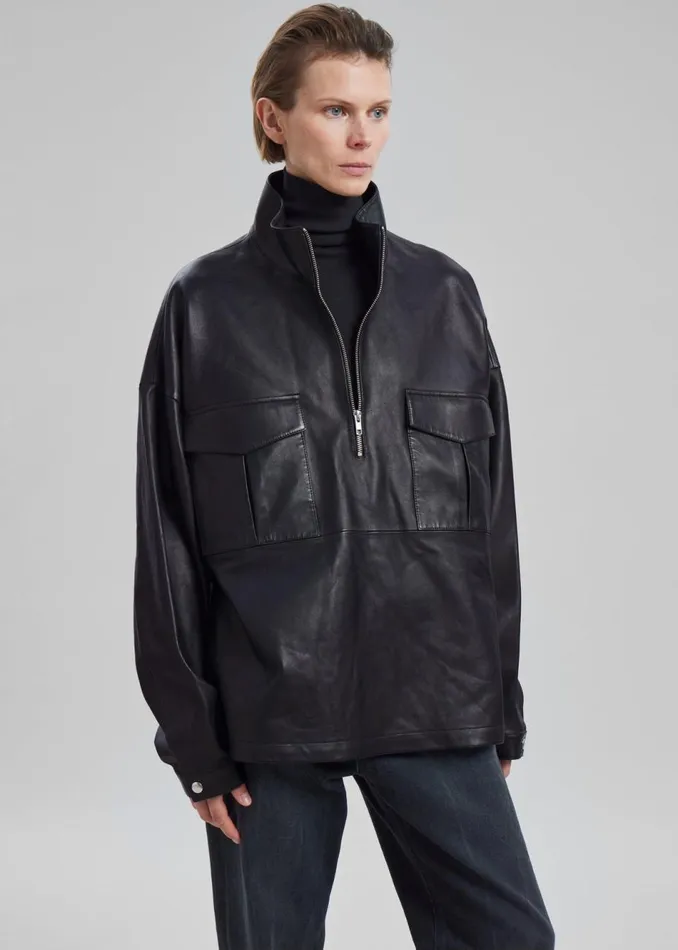 WomenMen The Frankie Shop Tops Kevin Leather Half Zip Shirt Black