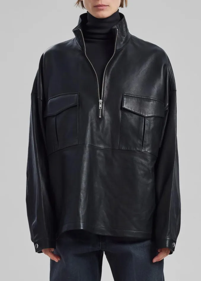 WomenMen The Frankie Shop Tops Kevin Leather Half Zip Shirt Black