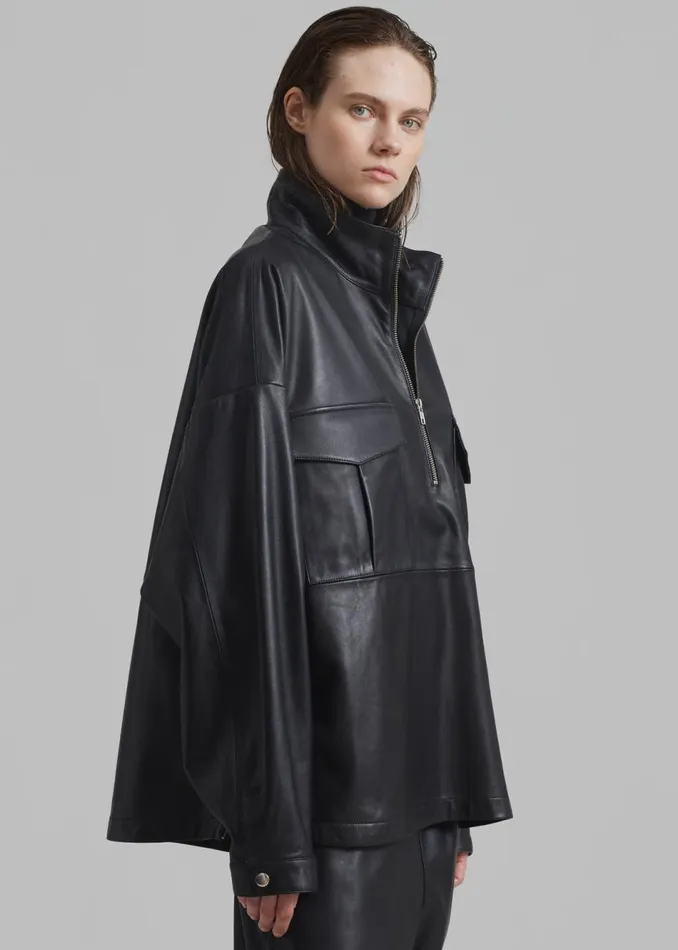 WomenMen The Frankie Shop Tops Kevin Leather Half Zip Shirt Black