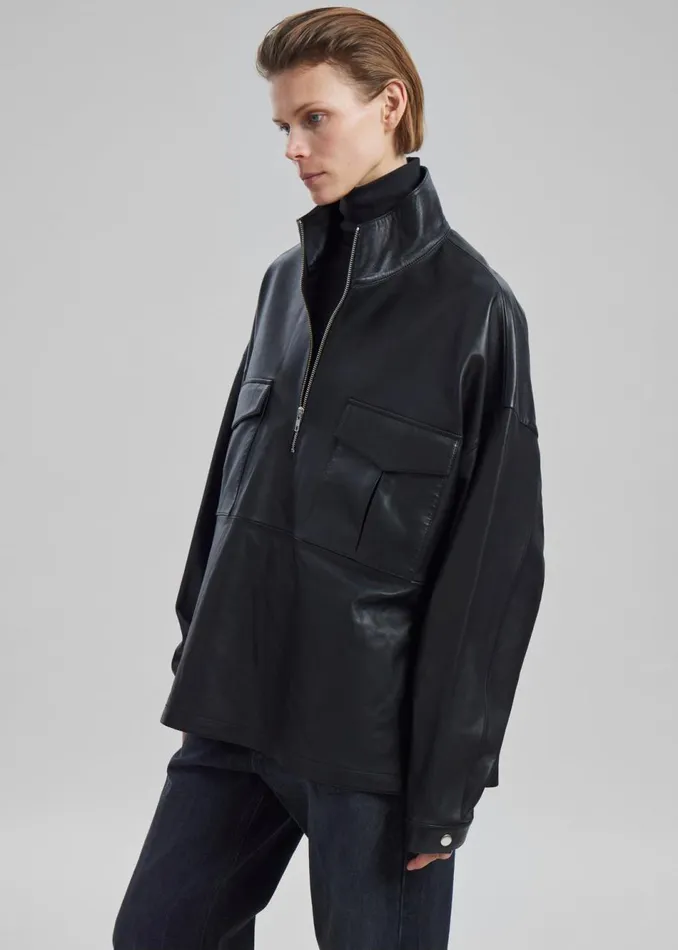WomenMen The Frankie Shop Tops Kevin Leather Half Zip Shirt Black