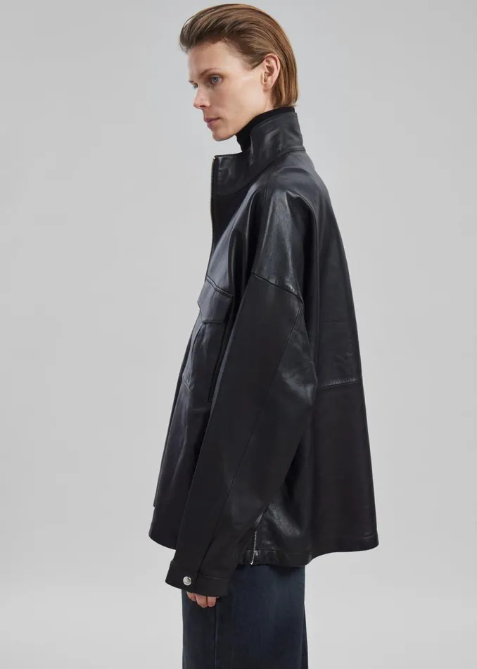 WomenMen The Frankie Shop Tops Kevin Leather Half Zip Shirt Black