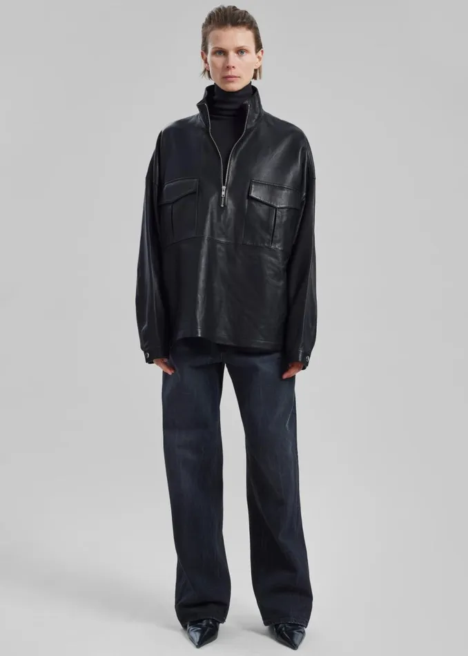 WomenMen The Frankie Shop Tops Kevin Leather Half Zip Shirt Black