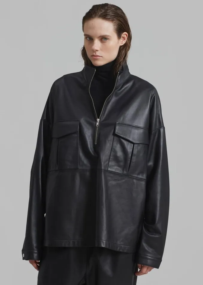 WomenMen The Frankie Shop Tops Kevin Leather Half Zip Shirt Black