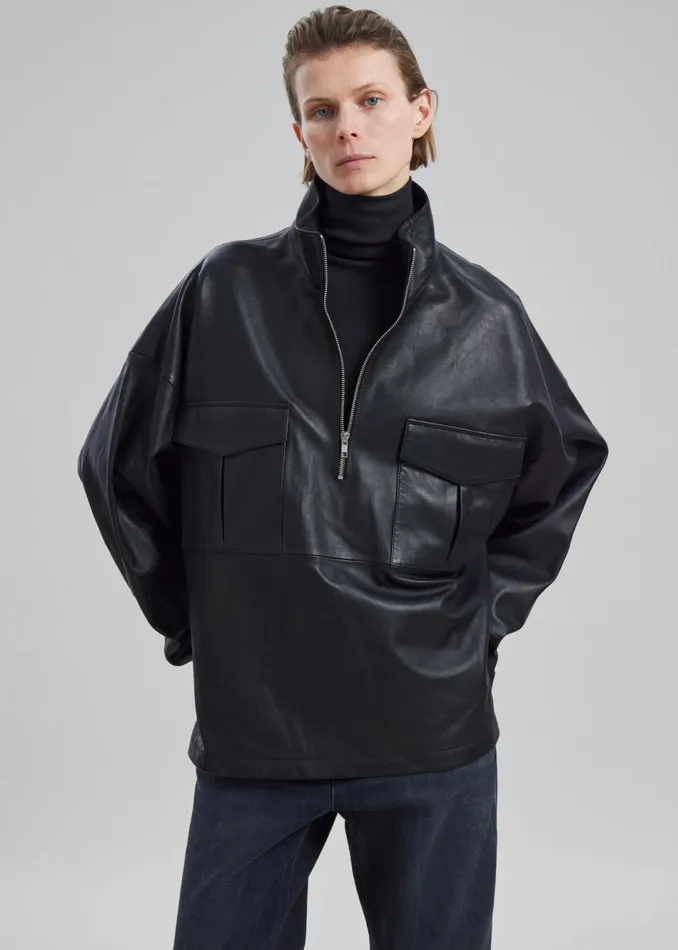 WomenMen The Frankie Shop Tops Kevin Leather Half Zip Shirt Black
