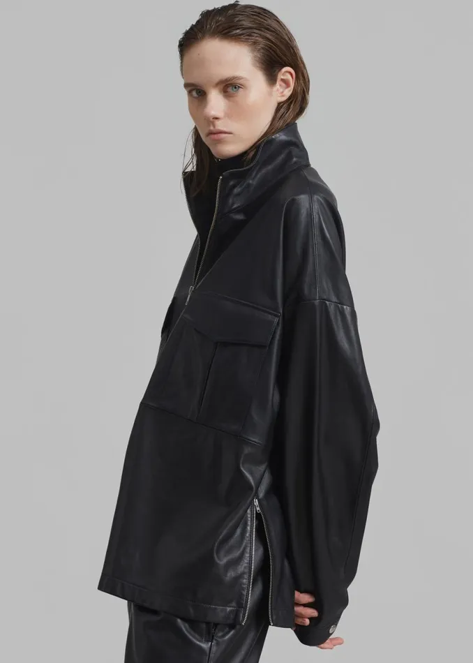 WomenMen The Frankie Shop Tops Kevin Leather Half Zip Shirt Black