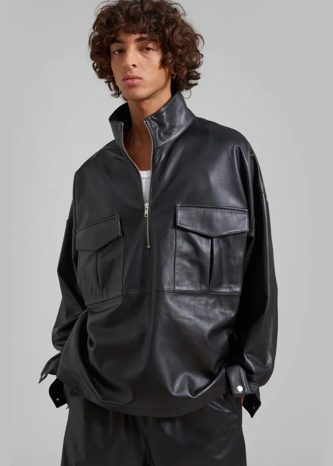 WomenMen The Frankie Shop Tops Kevin Leather Half Zip Shirt Black