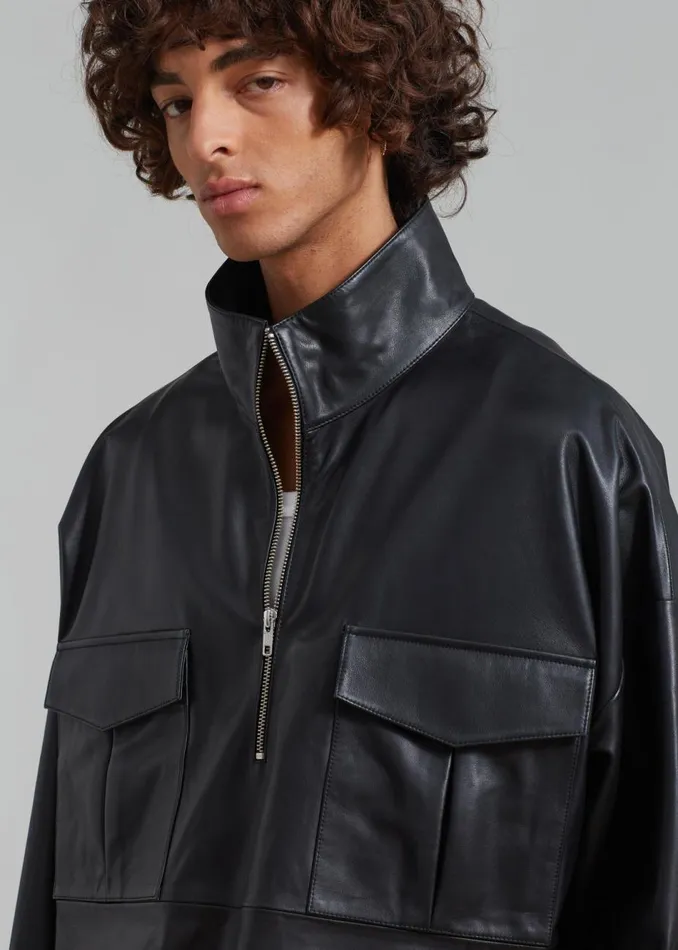 WomenMen The Frankie Shop Tops Kevin Leather Half Zip Shirt Black