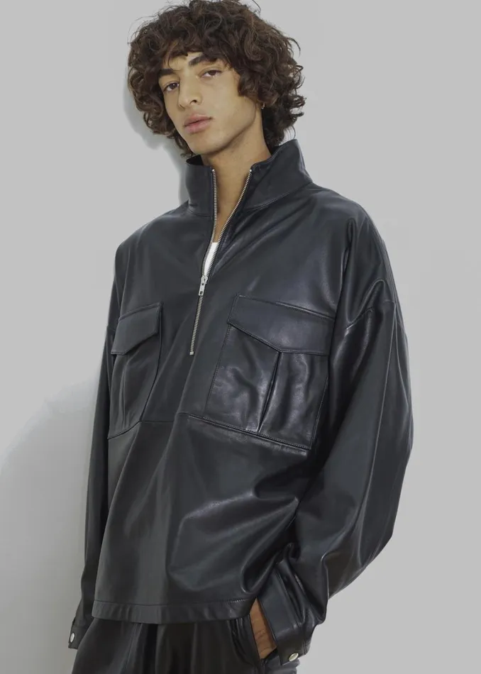 WomenMen The Frankie Shop Tops Kevin Leather Half Zip Shirt Black