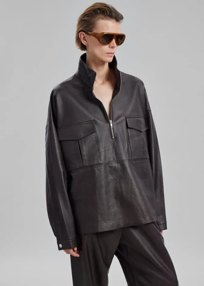 WomenMen The Frankie Shop Tops Kevin Leather Half Zip Shirt Brown