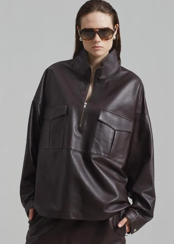 WomenMen The Frankie Shop Tops Kevin Leather Half Zip Shirt Brown