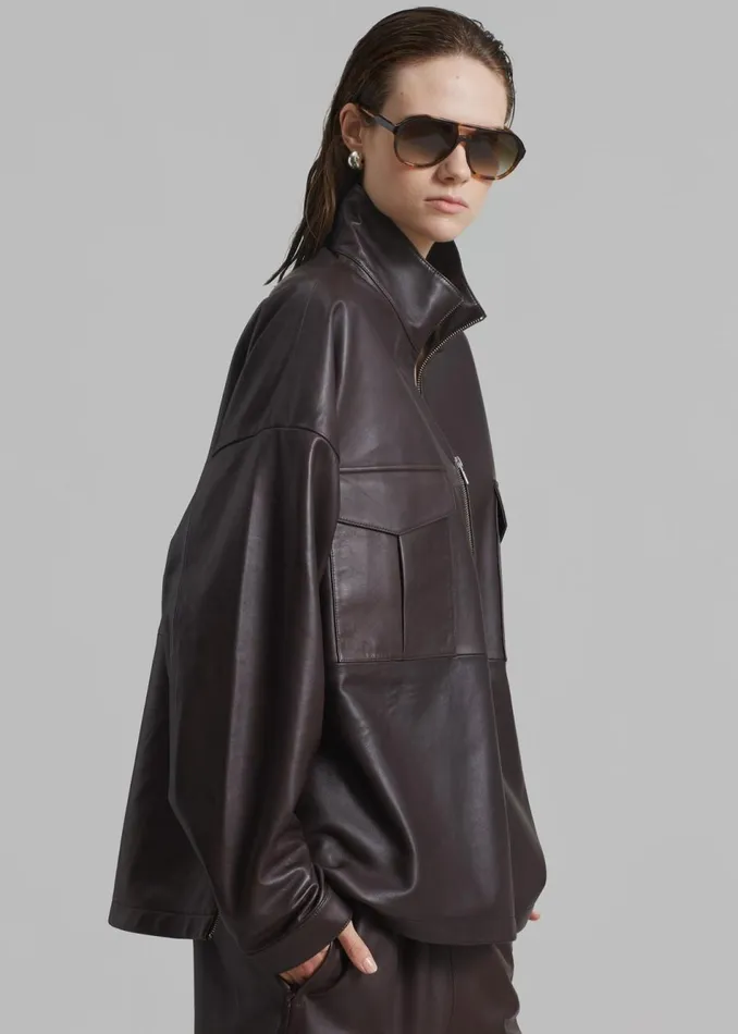 WomenMen The Frankie Shop Tops Kevin Leather Half Zip Shirt Brown