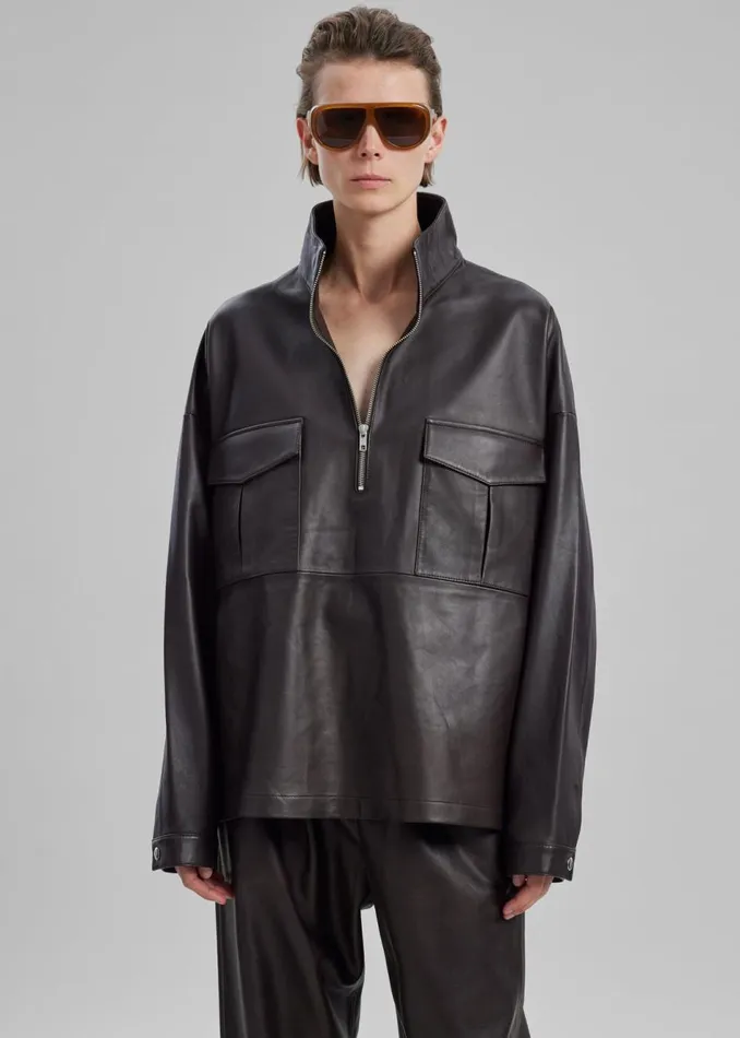WomenMen The Frankie Shop Tops Kevin Leather Half Zip Shirt Brown