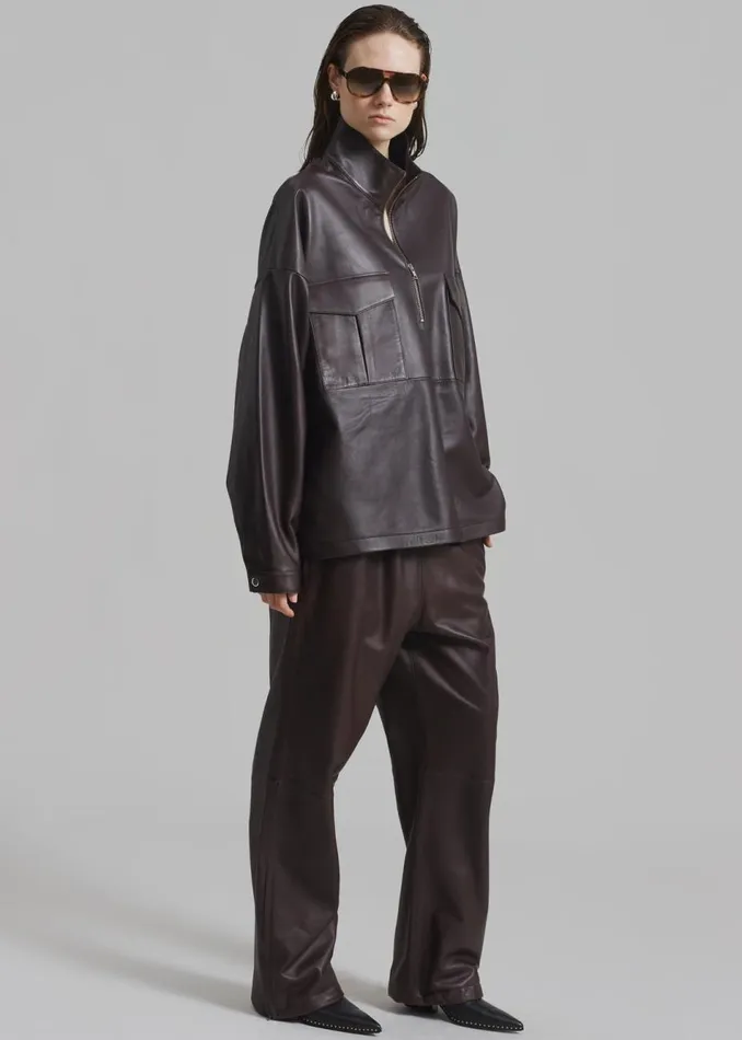 WomenMen The Frankie Shop Tops Kevin Leather Half Zip Shirt Brown