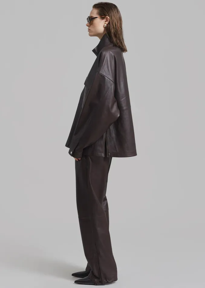 WomenMen The Frankie Shop Tops Kevin Leather Half Zip Shirt Brown