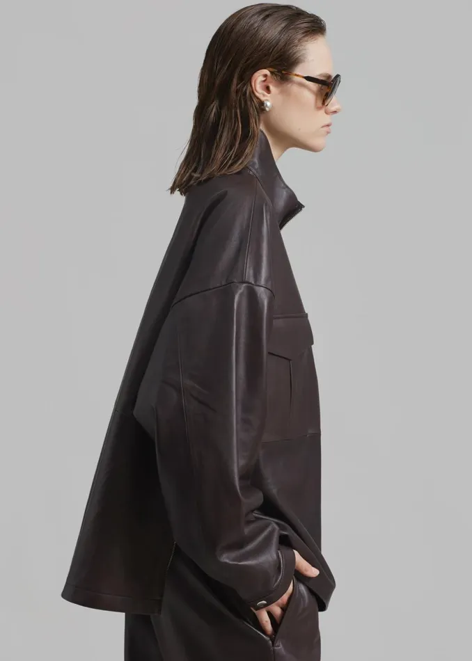 WomenMen The Frankie Shop Tops Kevin Leather Half Zip Shirt Brown