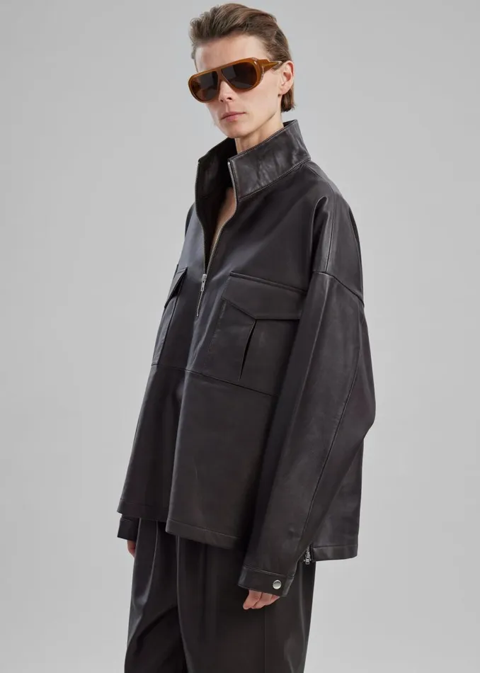 WomenMen The Frankie Shop Tops Kevin Leather Half Zip Shirt Brown