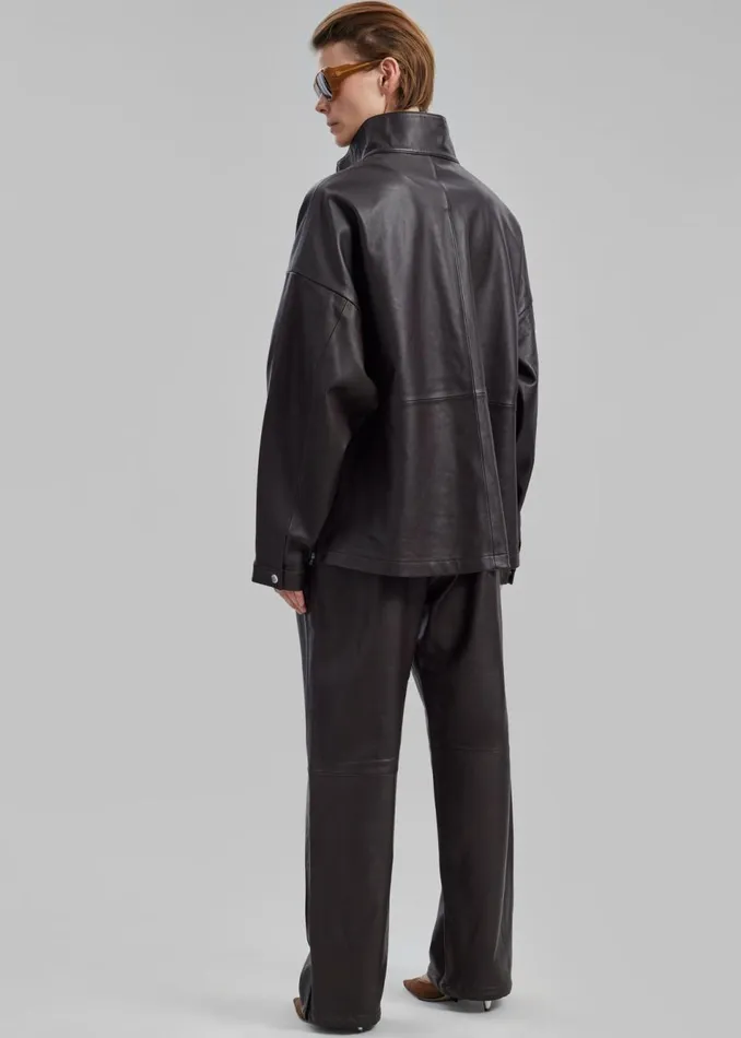 WomenMen The Frankie Shop Tops Kevin Leather Half Zip Shirt Brown