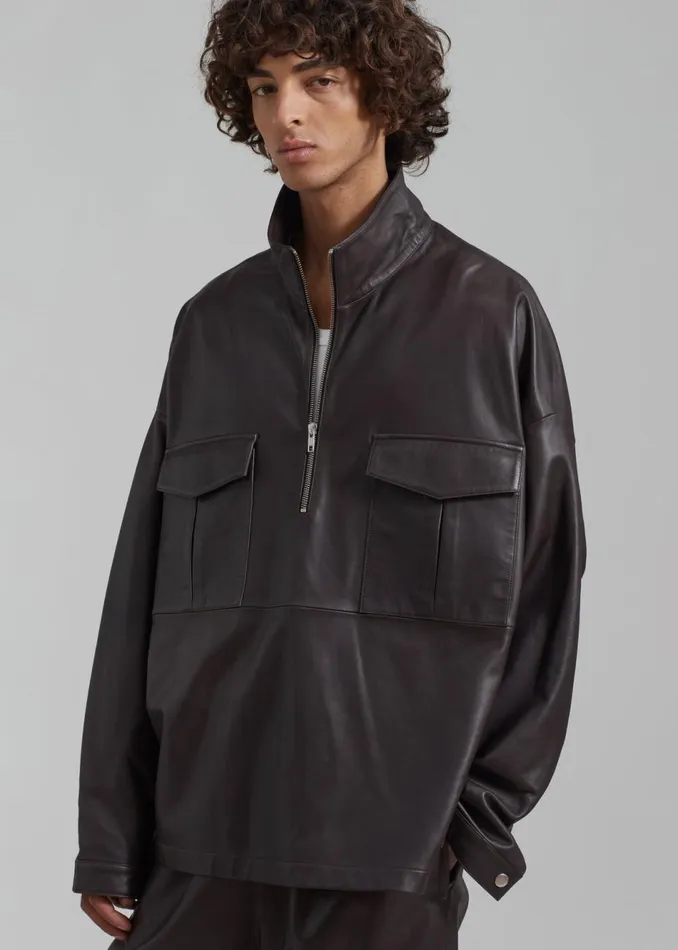 WomenMen The Frankie Shop Tops Kevin Leather Half Zip Shirt Brown