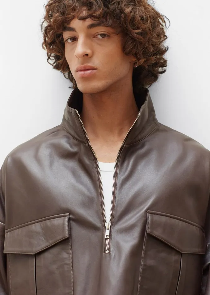 WomenMen The Frankie Shop Tops Kevin Leather Half Zip Shirt Brown