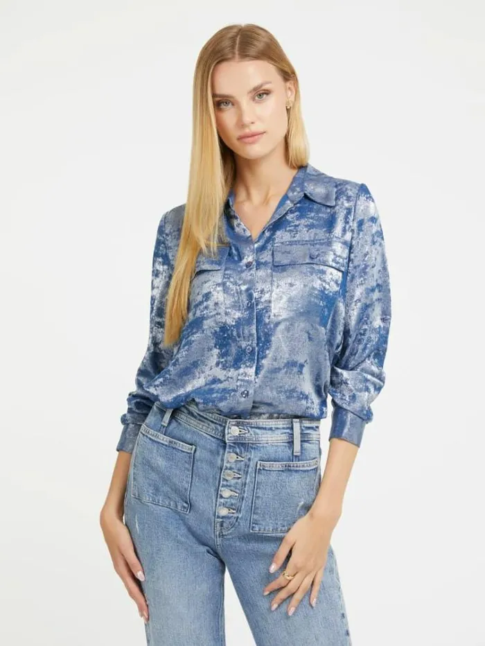 Women Metallic Effect Shirt Light Blue Guess Tops And Shirts